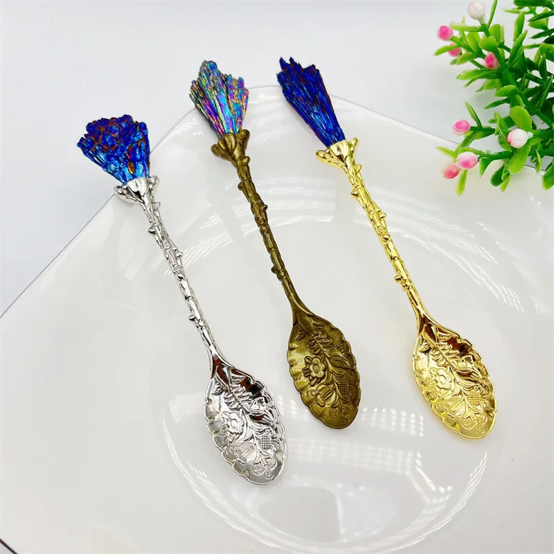 Exquisite Ice Cream Decor Spoon Inlaid Natural Crystal Black Tourmaline Electroplated Peacock Blue Flame Feather Cluster Ore 1pc