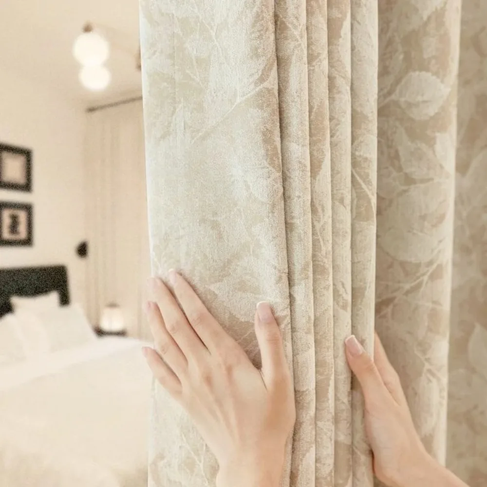 French High-end Girlish Style Curtains Leaf Jacquard Chenille Curtains Thicken Cashmere Blackout Curtains for Bedroom Customized