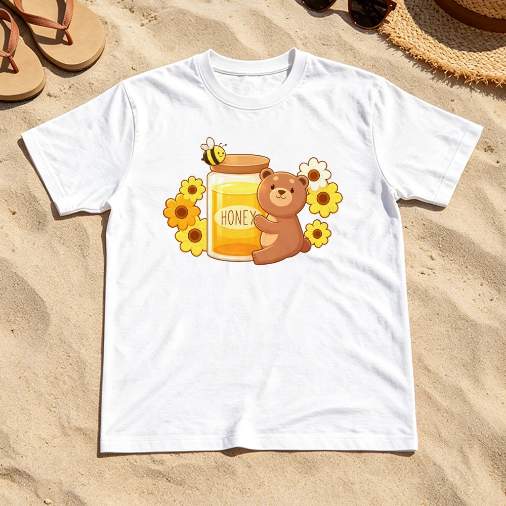 Cute Honey Bear Jar Bee Daisy Cartoon Women Summer Cotton T Shirt Lovely Animal Sweet Holiday Casual Tee