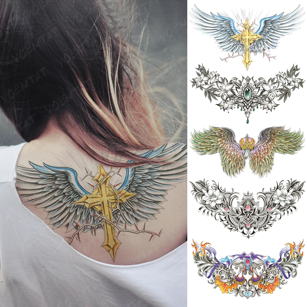 

Colorful Large Chest Tattoo For Women Cross Angel Wings Thorn Waterproof Temporary Tatoo Sticker Waist Back Art Men Fake Tattoos