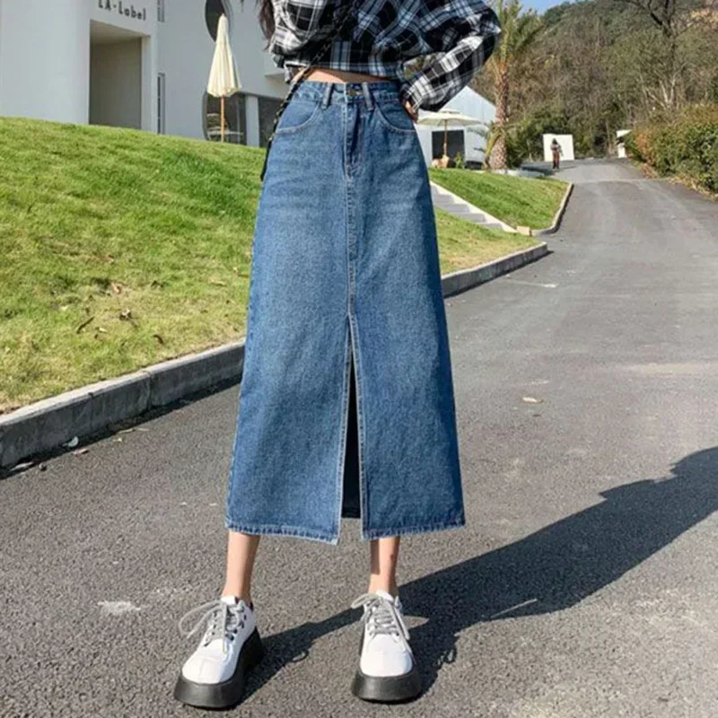 Female Classic Designer High Waist Jeans Skirt Girls Korean Slim Fit Mid-Long Dress Women Fashion A-line Slit Denim Skirts