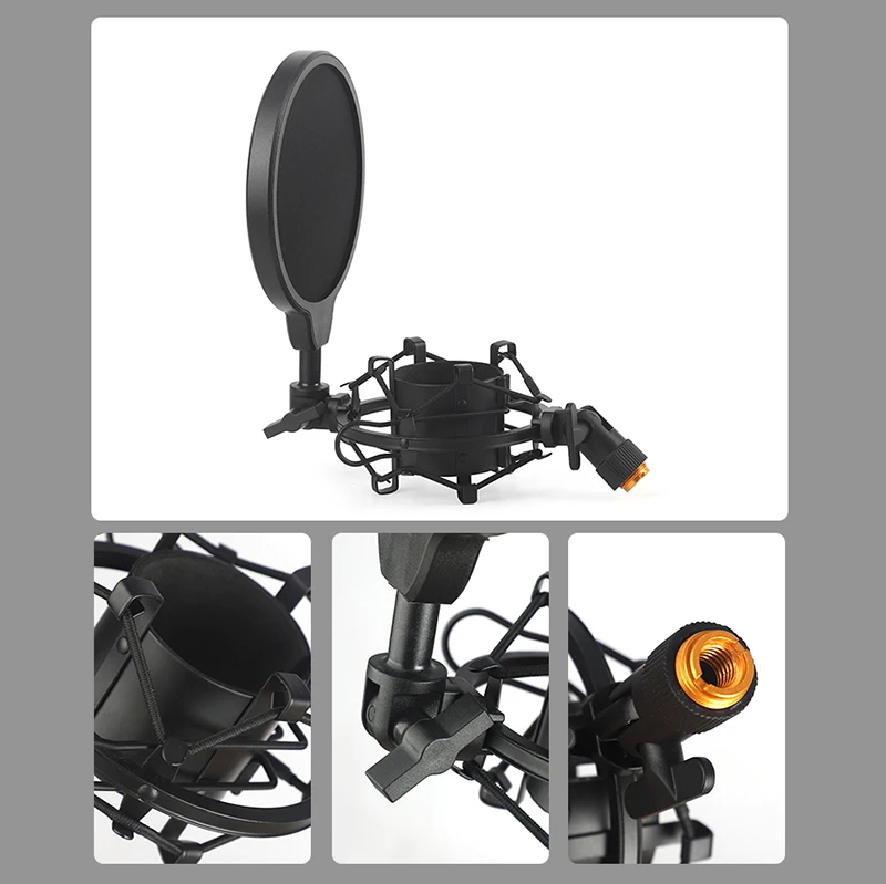 47-53มม.AT2020ไมโครโฟน Shock Mount คู่ตาข่าย Pop Filter และอะแดปเตอร์สกรู anti การสั่นสะเทือนการแยกสูง Meta