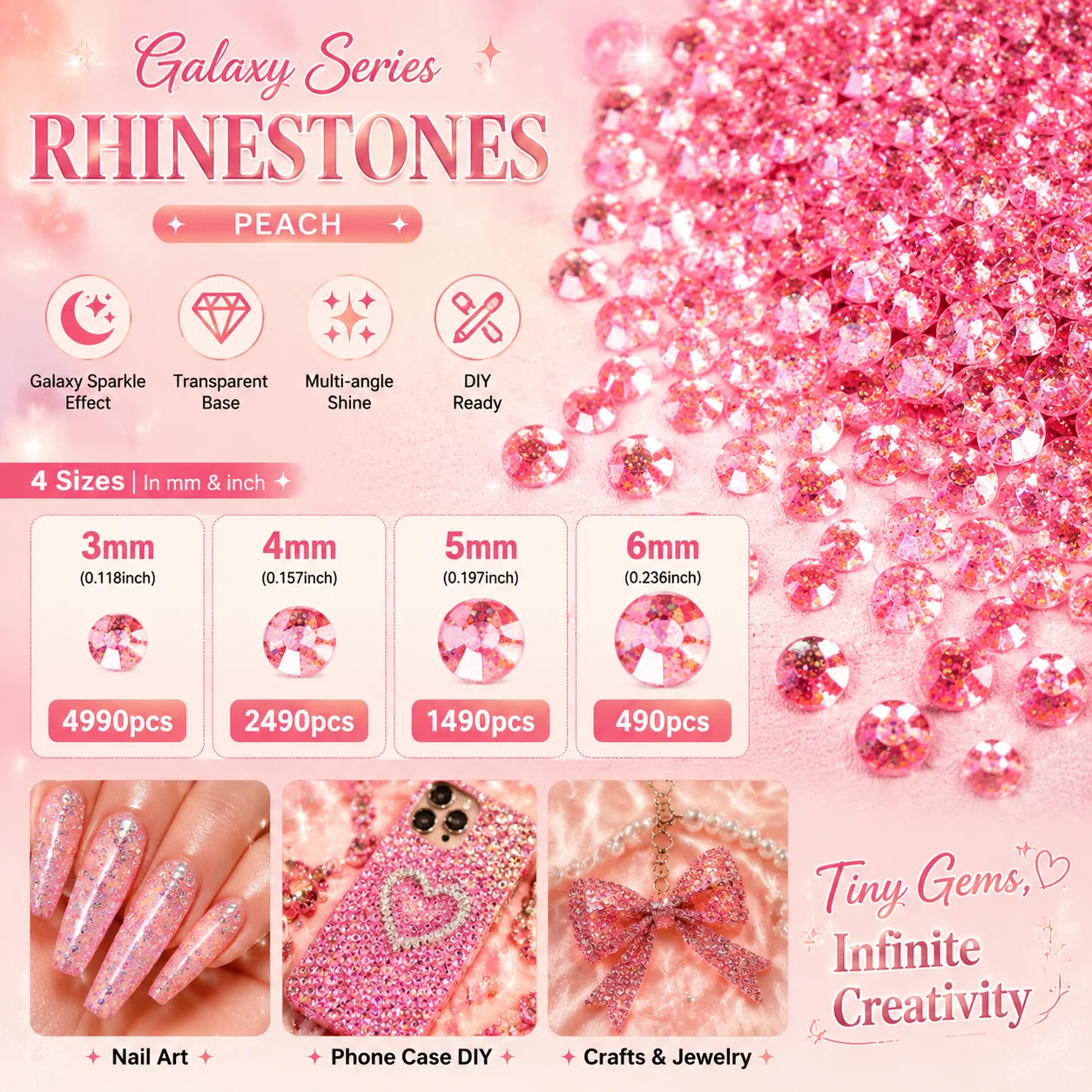 4990/2490/1490/490Pcs 3-6mm Galaxy Sparkle Resin Flatback Rhinestones Peach Siam Shimmer Gems for Nail Art DIY Crafts