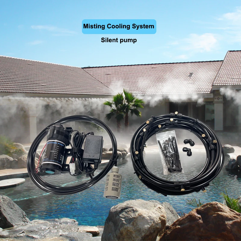 

Outdoor Misting Cooling SystemWith Pump Misting Line with Filter + Nozzles (3/16") For Patio Garden Greenhouse Watering