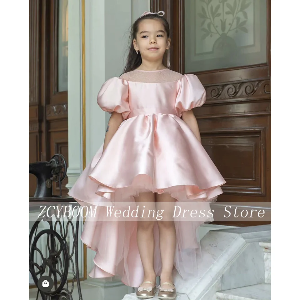 Pink O-Neck Puff Sleeves Flower Girl Dress for Wedding 2023 A-Line Ankle-lengh Stain First Communion Dress Pageant Gown Costumes