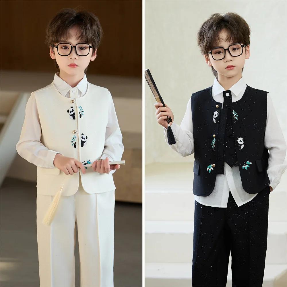 Jungen Frühling Neuer Chinesischer Stil Panda Besticktes Westen-Set Kinder Moderator-Auftrittskleidung Formelle Kleidung