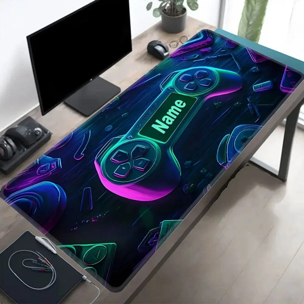 [2D Flat] 1pc Personalized Custom Neon Purple Green Gamepad Large Desk Mouse Pad Custom Name Text Multi Sizes Desk Mouse Pad