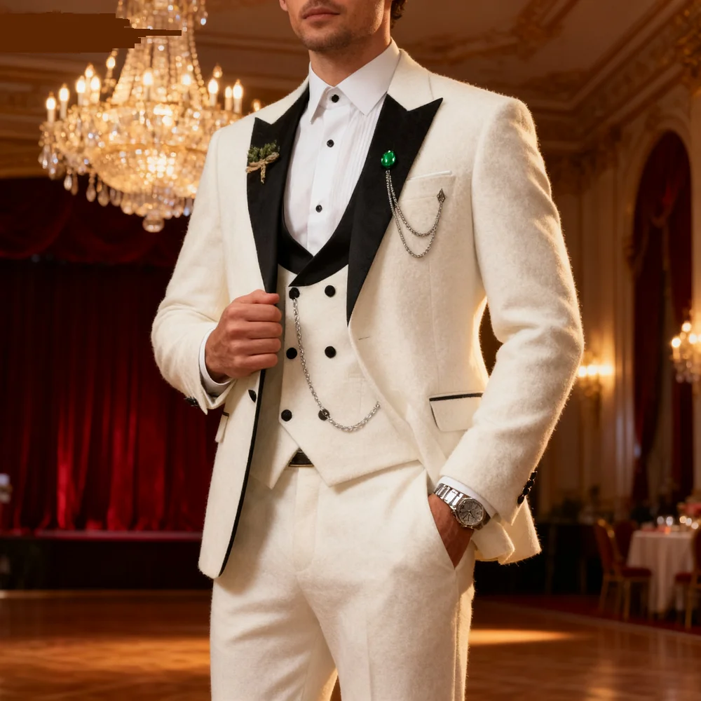 

Elegant Rose Red 3-Piece Men's Suit Slim Fit Double Breasted Blazer Vest And Pants Set for Wedding Groom Tuxedo Business Party