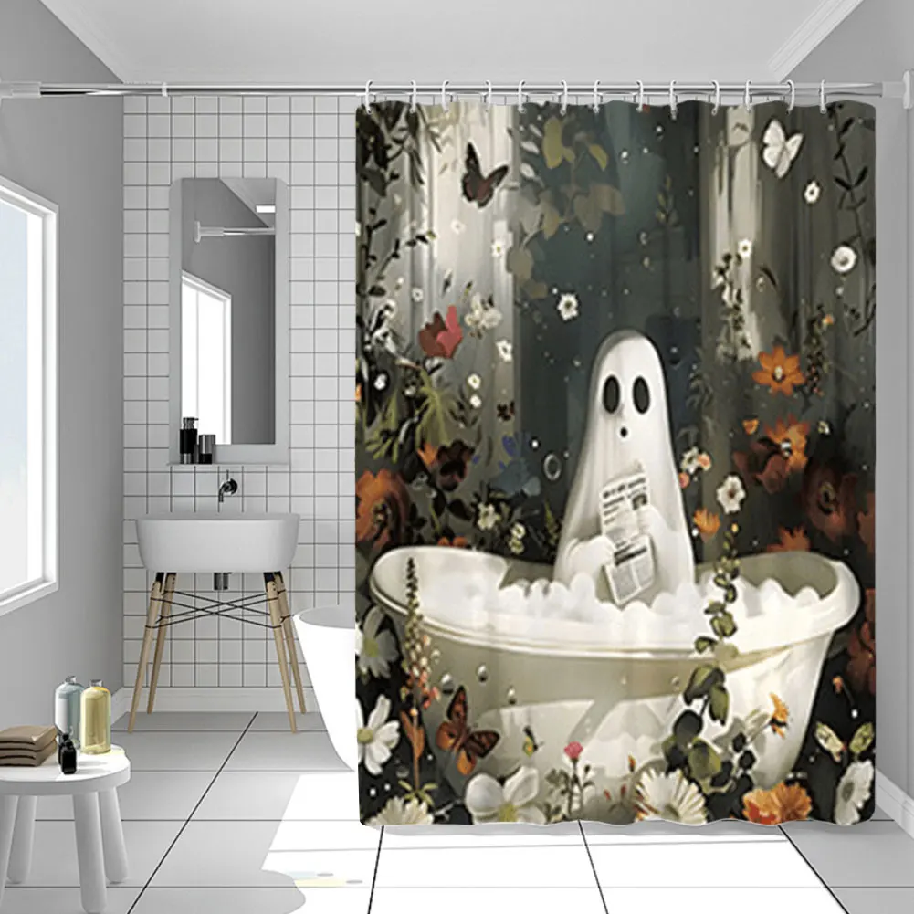 Cute Cartoon Ghost Shower Curtain Set Halloween Bathroom Curtain Polyester Fabric Bathtub Curtain with Hooks for Bathroom Decor