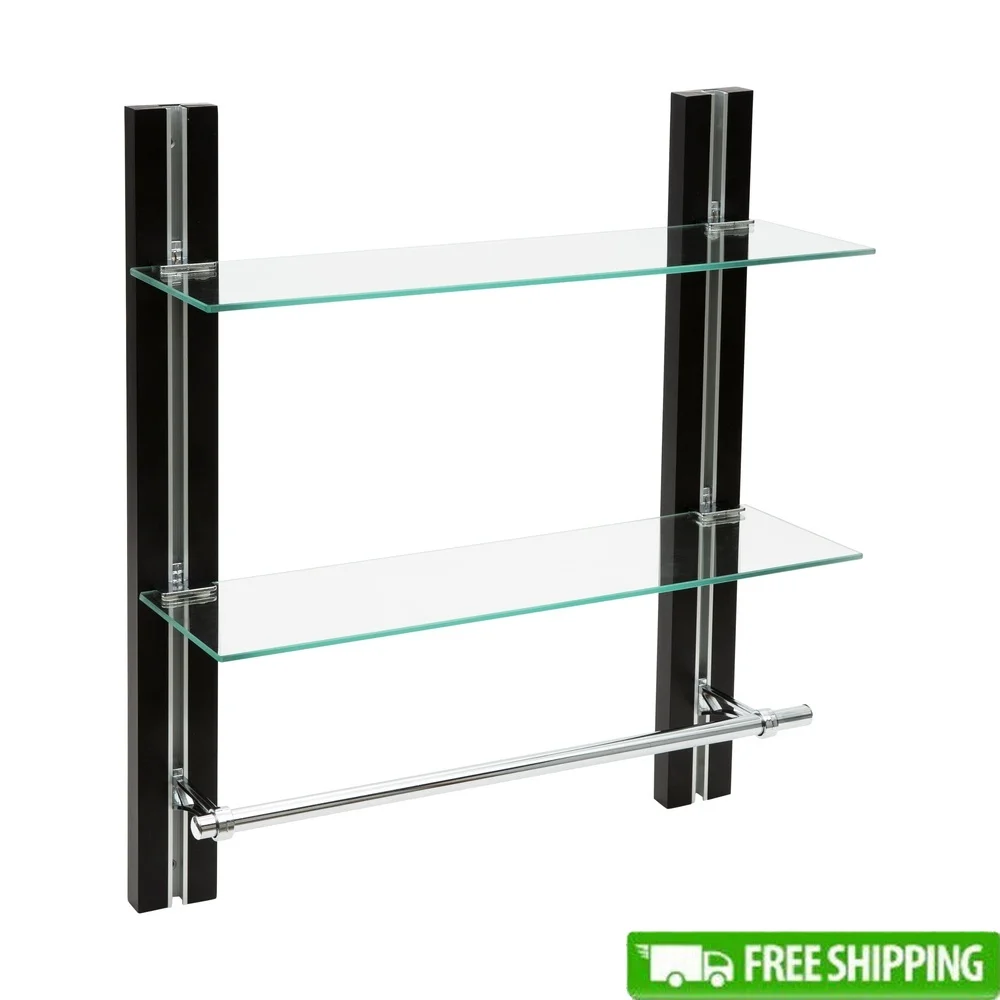 

Полка из закаленного стекла Deluxe с регулируемым вешалкой для полотенец, алюминиевые акценты из темного дерева, устойчивое к ржавчине решение для хранения в ванной комнате