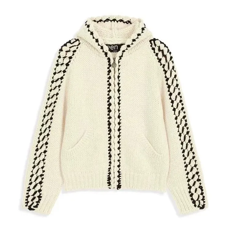

Women Knitted Cardigan Sweater Spliced Jumper Zipper Chunky Hand Crochet Hooded Long Sleeve Loose Casual Office Lady 2025 Autumn