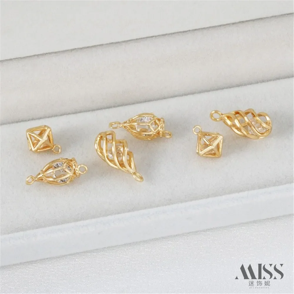 

14K Gold-wrapped Smart Zircon Water Drop Pendant Flower Lantern Rhombus Pendant Double Hanging Bird Cage DIY Pendant Accessories
