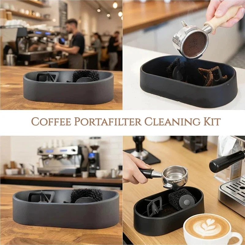 Coffee Portafilter Cleaning Kit  All-In-One Storage Tray With Brush Espresso Handle Cleaner Kit Café Grounds Wine Bar Clean Set