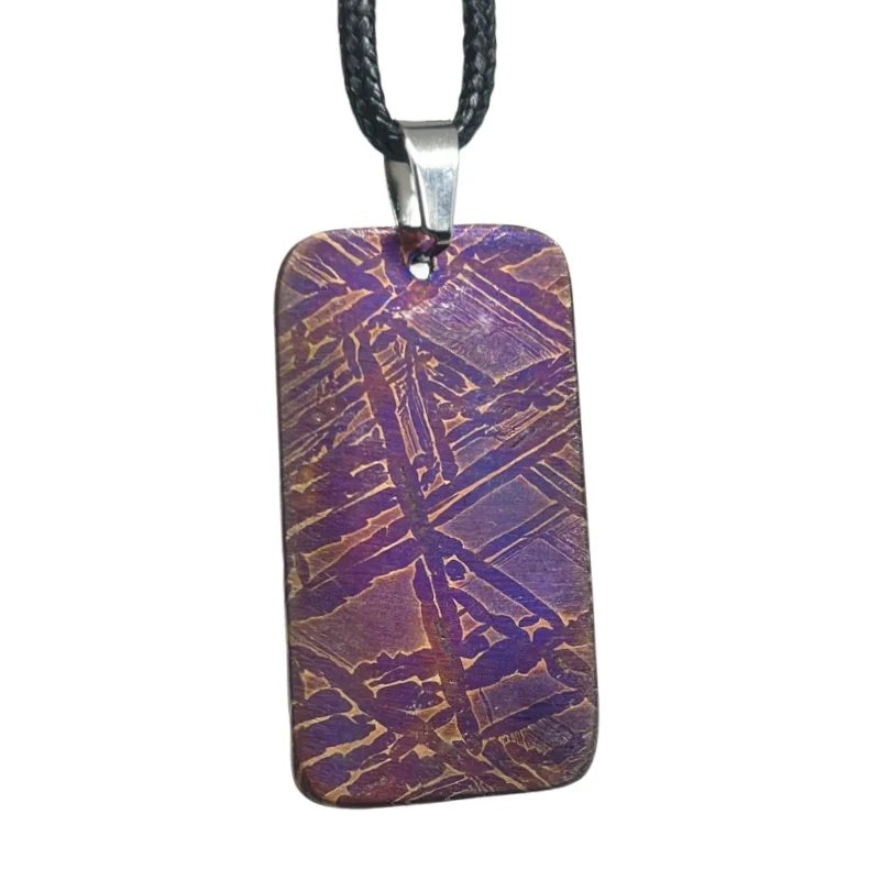Muonionalusta Space Rock Rectangle Pendant Heat Colored Etched Iron Meteorite Necklace Collectible Gift LK362
