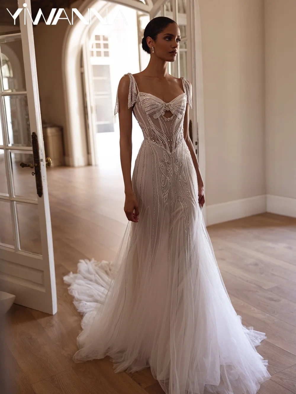 

Luxury Hand-sewn Beaded Mermaid Long Wedding Dress Graceful Thin Straps Bridal Gown New Customized Illusion Dresses For Bride
