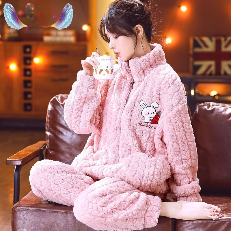 Can Be Worn Over Winter Flannel Ladies' Homewear Set Autumn / Winter Coral Velvet Pajamas for Women with Velvet Zip-up Cardigan