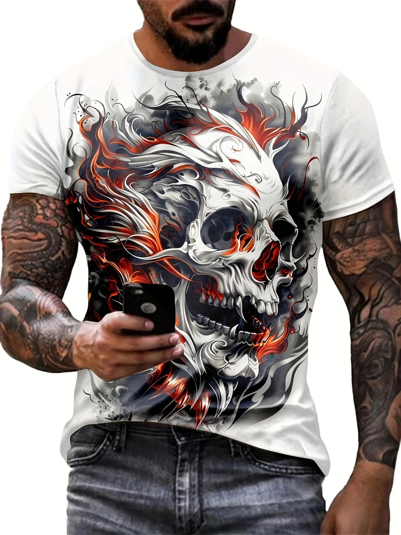 

Men's Novel Design 3D Digital Skull Pattern Crew Neck And Short Sleeve T-shirt Stylish Cool Tops For Summer Street Sports Wear