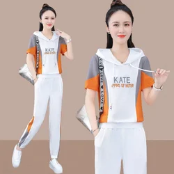 Women's Fashion Tracksuit 2024 Spring Summer New Two Piece Set Hooded Short Sleeve Crop Top And Pants Korean Plus Size Clothing