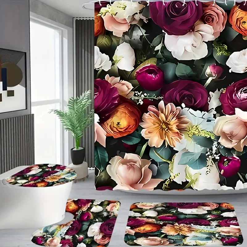 

4pcs Dark Rose Hydrangea Pattern Shower Curtain Set for Apartment Bathroom, Hotel Use with 12 Hooks, Includes Toilet Seat