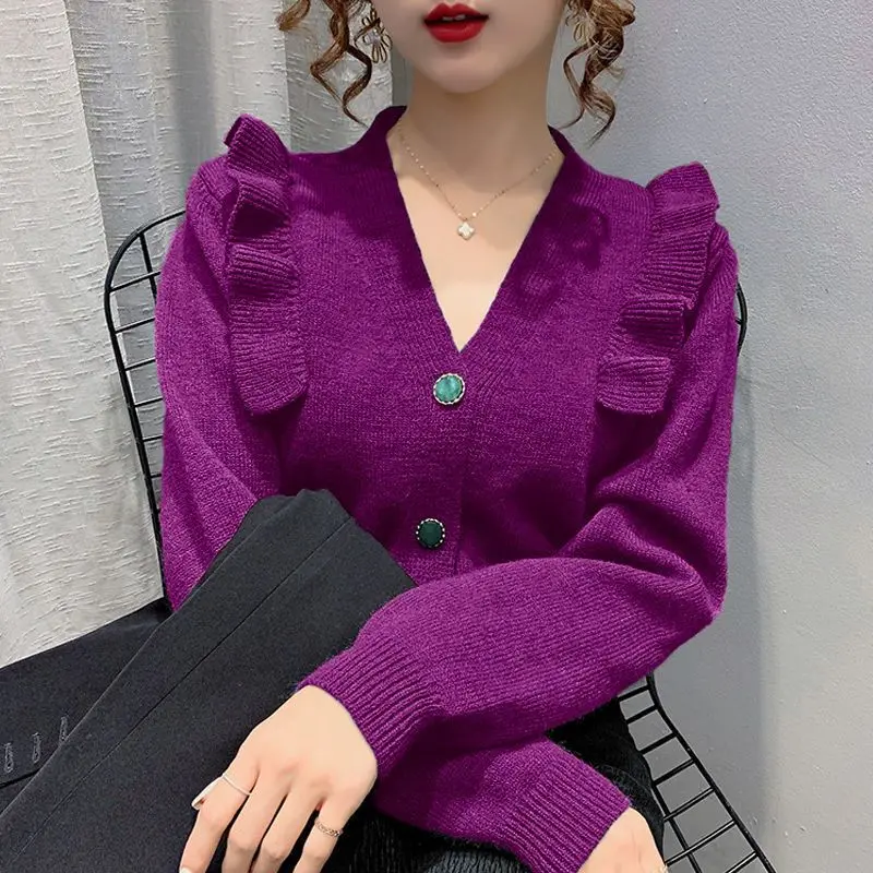 2023 New Women\'s Clothing Long Sleeve V-Neck Knitted Slim Casual Sweet All-match Solid Color Ruffles Button Sweaters Cardigan