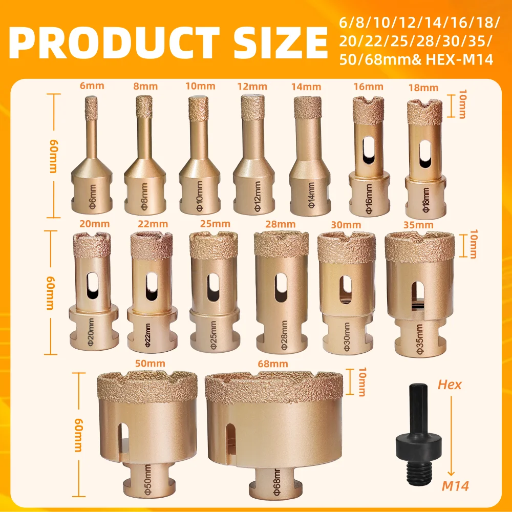 15/16pcs Diamond Drill Bit Kit 6-68mm Drill Bits Adapter Hex-M14 For Tile Ceramic Marble Stone Granite Masonry M14 Thread