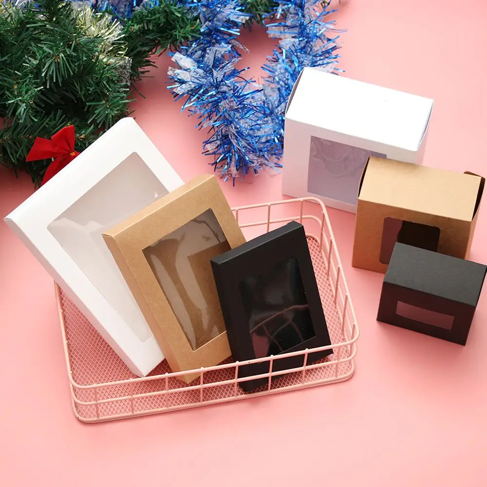 10Pcs DIY  Kraft Paper Gift Box Cake Package with Clear PVC Window Candy Wrapping Bag Wedding Birthday Party Favors Package Box