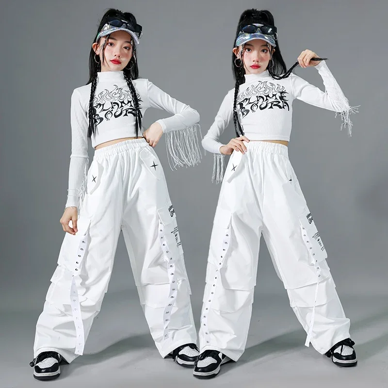 여아용 화이트 태슬 탑 카고 팬츠 수트 연습복 재즈 모던 의류 볼룸 힙합 댄스 의상
