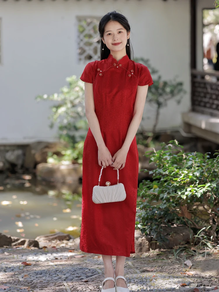 

Красное шелковое винтажное миди-платье-ципао с завышенной талией для помолвки и свадьбы, женское