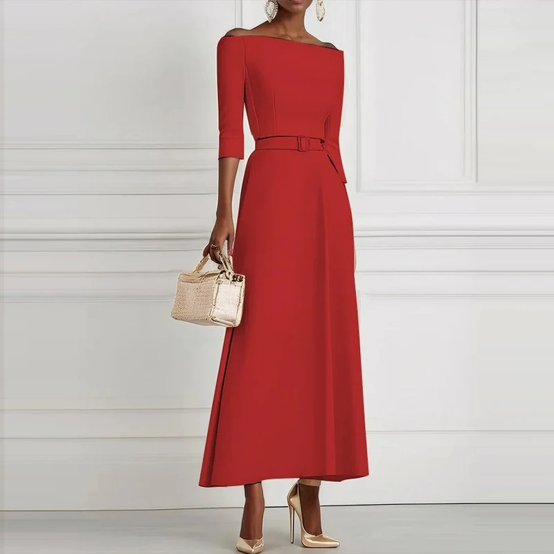Office Ladies Elegant Solid High Waist Party Dress 2025 Spring Crew Neck Hollow Long Dress Autumn Long Sleeve A-Line Maxi Dress - Image 5