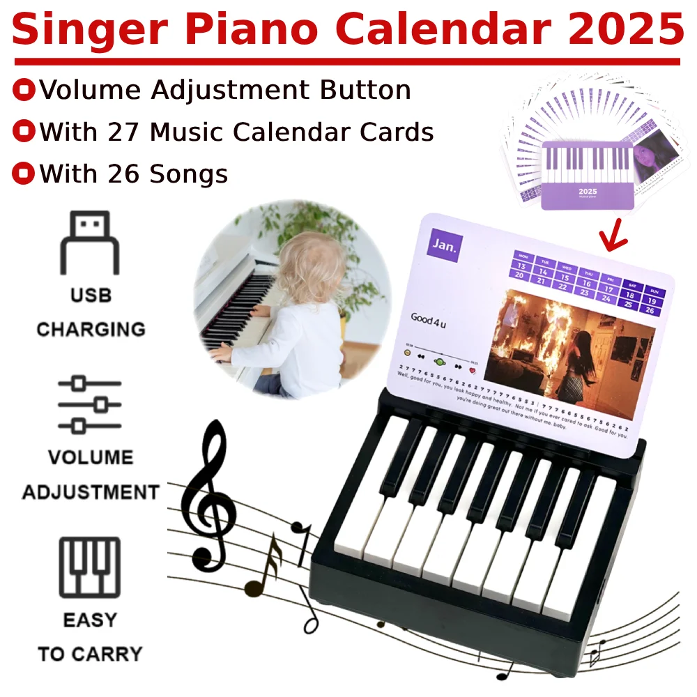 Singer Piano Calendar 2025 Mini Piano Calendar with 27 Music Calendar Cards 26 Songs Gifts for Fans/Desktop Decoration