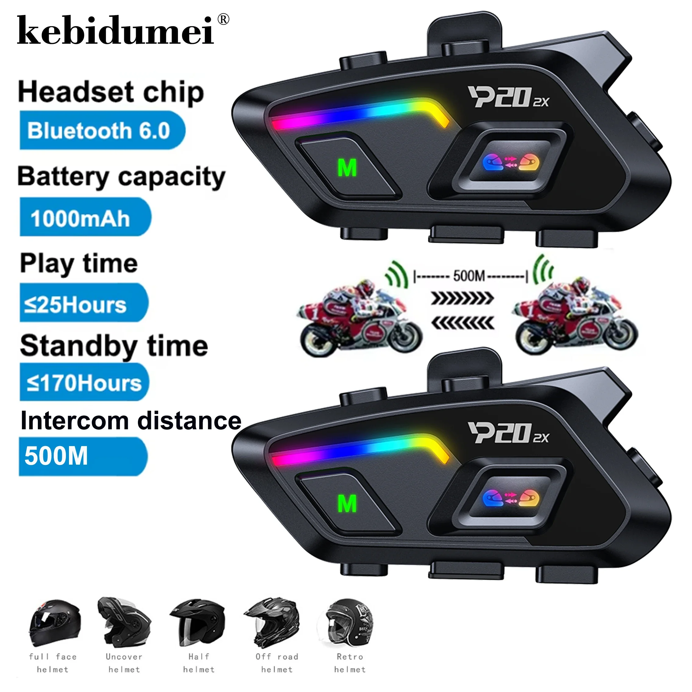 

Kebidumei P20 2x Wireless Bluetooth6.0 Motorcycle Helmet Intercom Headset Waterproof 500 m Intercomunicador Speaker Earphone