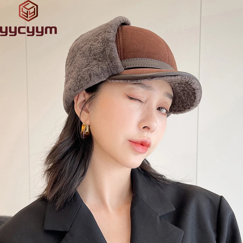 

New High Quality 2024 Winter Leather Hat Lady Fur Lambswool Warm Thick Ear Flaps Bomber Hats Women's Baseball Cap Russian caps