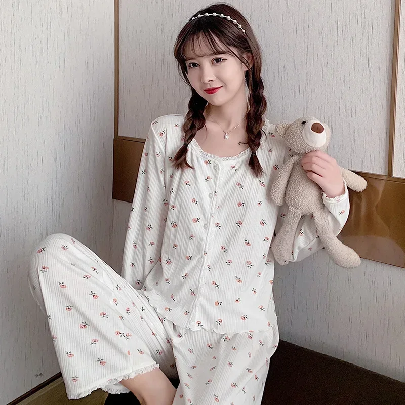 Cotton Fabric Pajamas for Women Spring and Autumn Season Long-Sleeved Korean Style Sweet Ins Style Home Wear Set Cherry Print