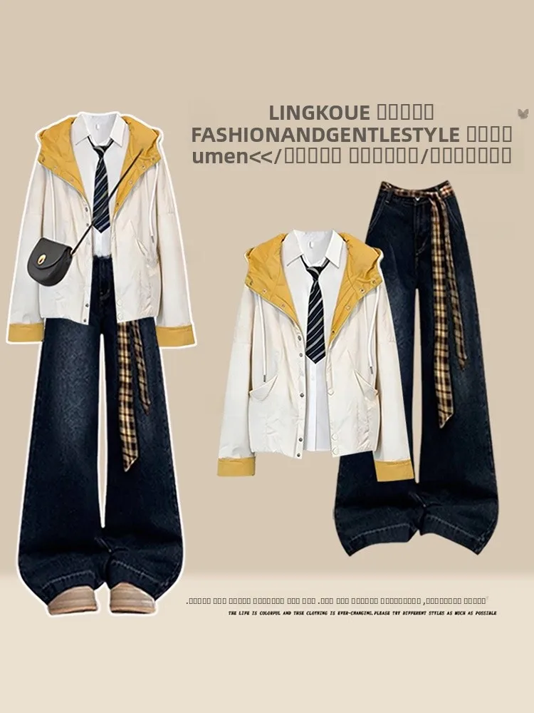 

Комплект из трех предметов: худи в стиле колор-блок, базовая футболка и ретро-джинсы. Женский повседневный комплект больших размеров для весны и осени.