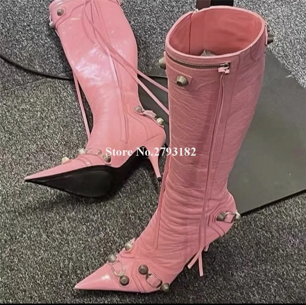 

Newest Metal Studs Knee High Boots Women Sexy Pointed Toe Pink Green Rivets Tassels Stiletto Heel Long Boots Party Heels