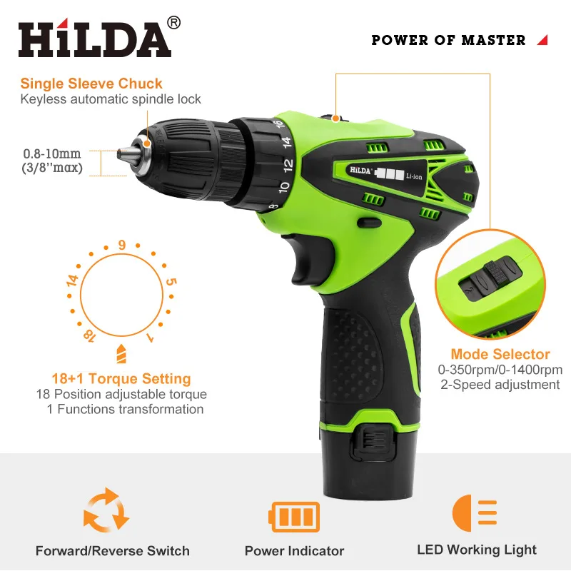 Hilda cordless electric screwdriver two-speed rechargeable lithium battery LED lights 2 PCS waterproof hand electric drill12 v