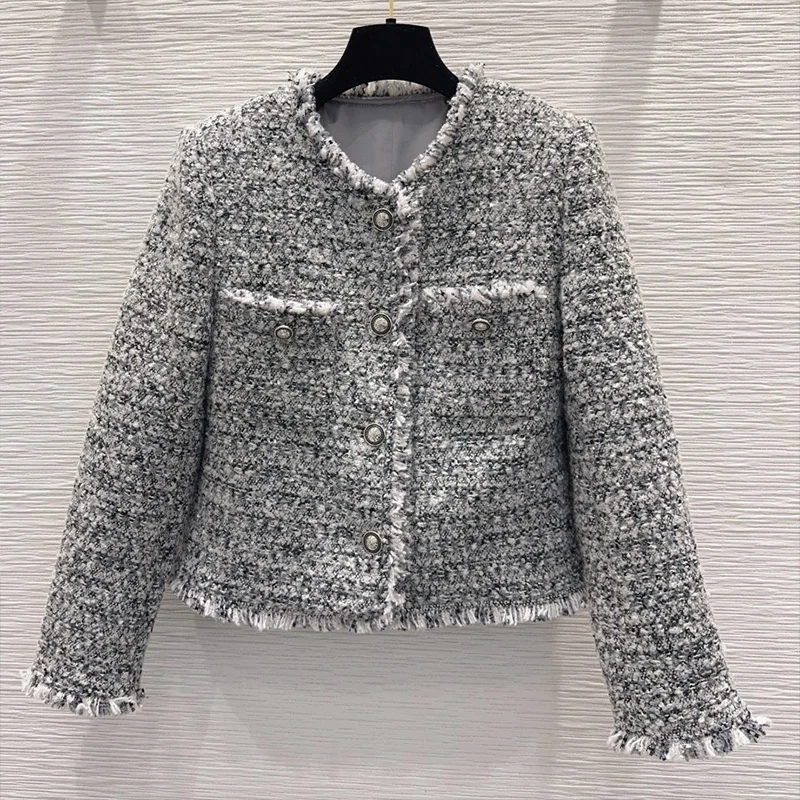 

High quality Round neck single button double pocket women's fringed edge short coat is elegant and luxury 25121617