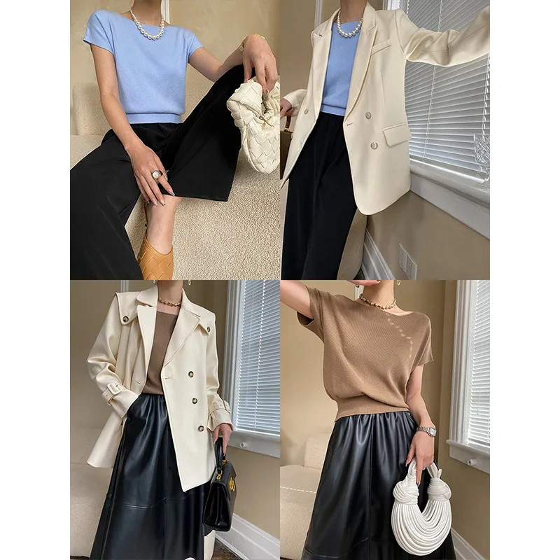 

Women's Knit Top Solid-Color Crew Neck Short Sleeve Casual, Loose-Fit, Elegant Women's clothes