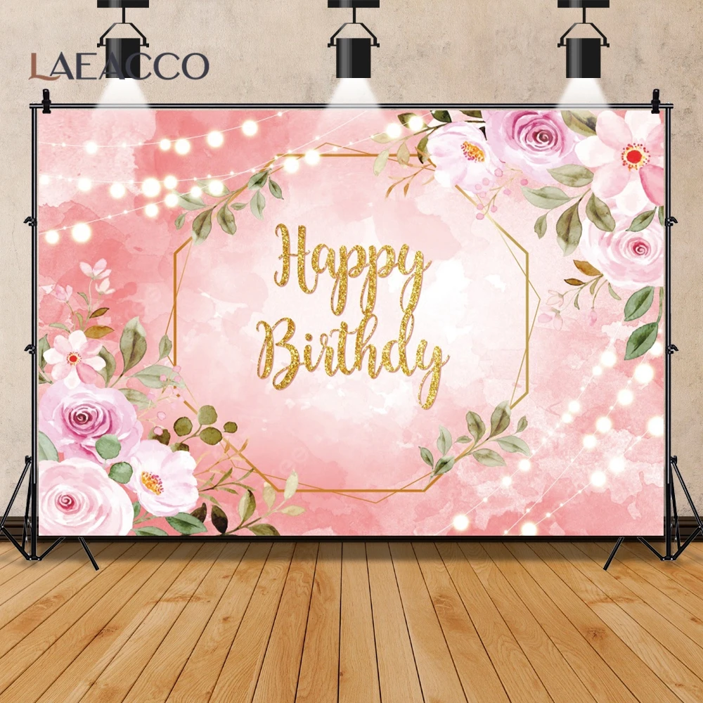 Laeacco Vinyl Happy Birthday Backdrop For Photography Gold Frame Pink Pampas Grass Flowers Baby Shower Custom Photo Background