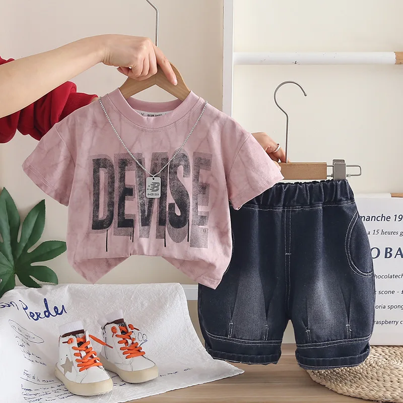 

Korean Style Toddler Boys Summer Clothes Set Tie Dye Letter Print T-shirts and Washed Denim Shorts Kids Fashion Outfit 0-5 Years