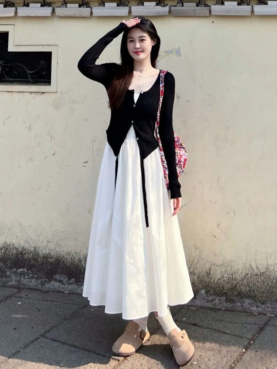 Women's Autumn French Chic Long Sleeve Knit Cardigan And Sleeveless Maxi Dress 2-Piece Set Stylish Outfit Camisole Dress White image 3