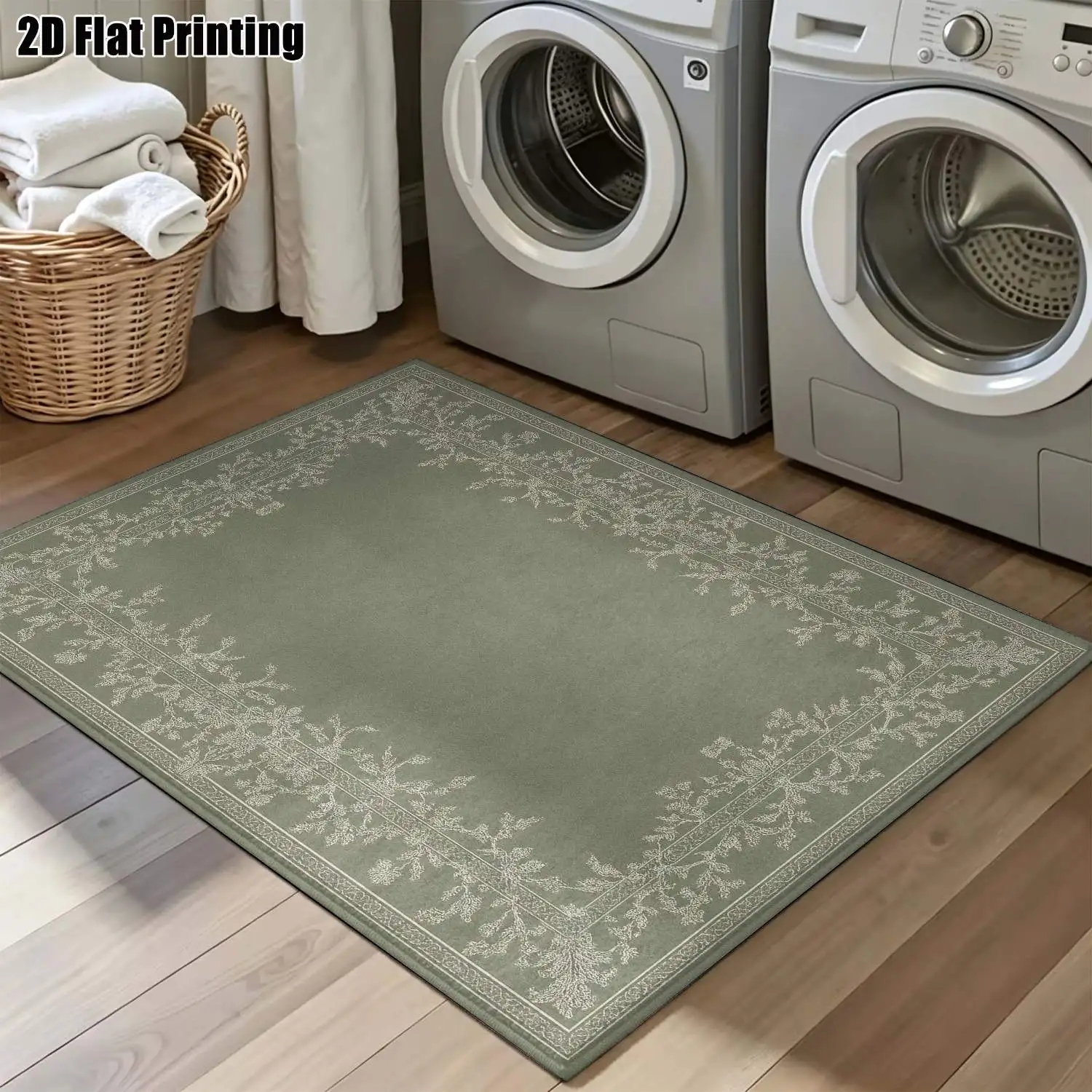 1Pc 2D Printed Carpet: Light Gray Base, White Floral Patterns European/Modern Minimalist/Instagram/Vintage Style, Home Decor, Multi-Size, Machine Washable, for Entryway, Living Room, Bedroom, Dining Room, Study.