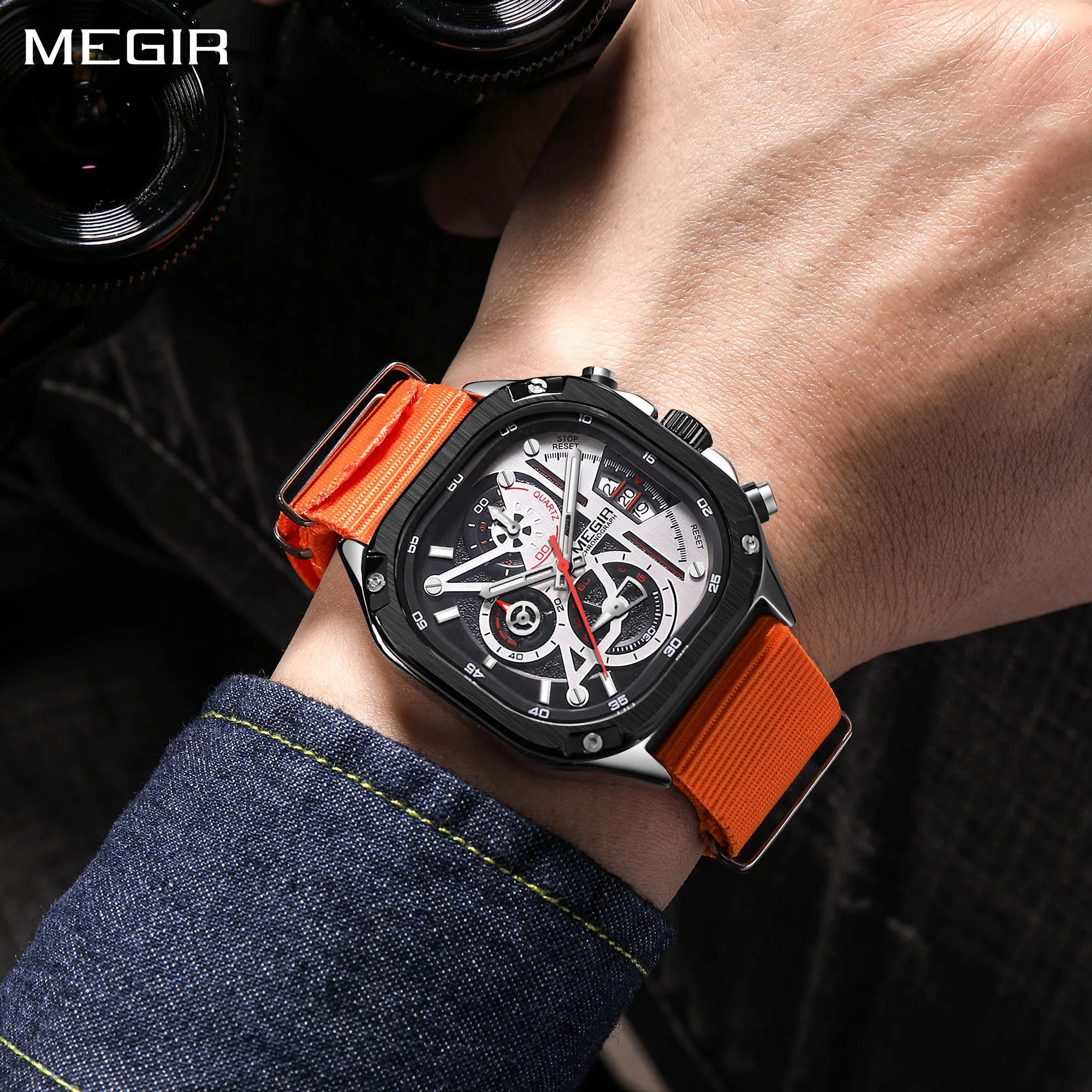 MEGIR Men\'s Watch with Chronograph Orange Canvas Band Sport Wristwatch Luminous Auto Date Quartz Watches Clock Montre Homme 2217