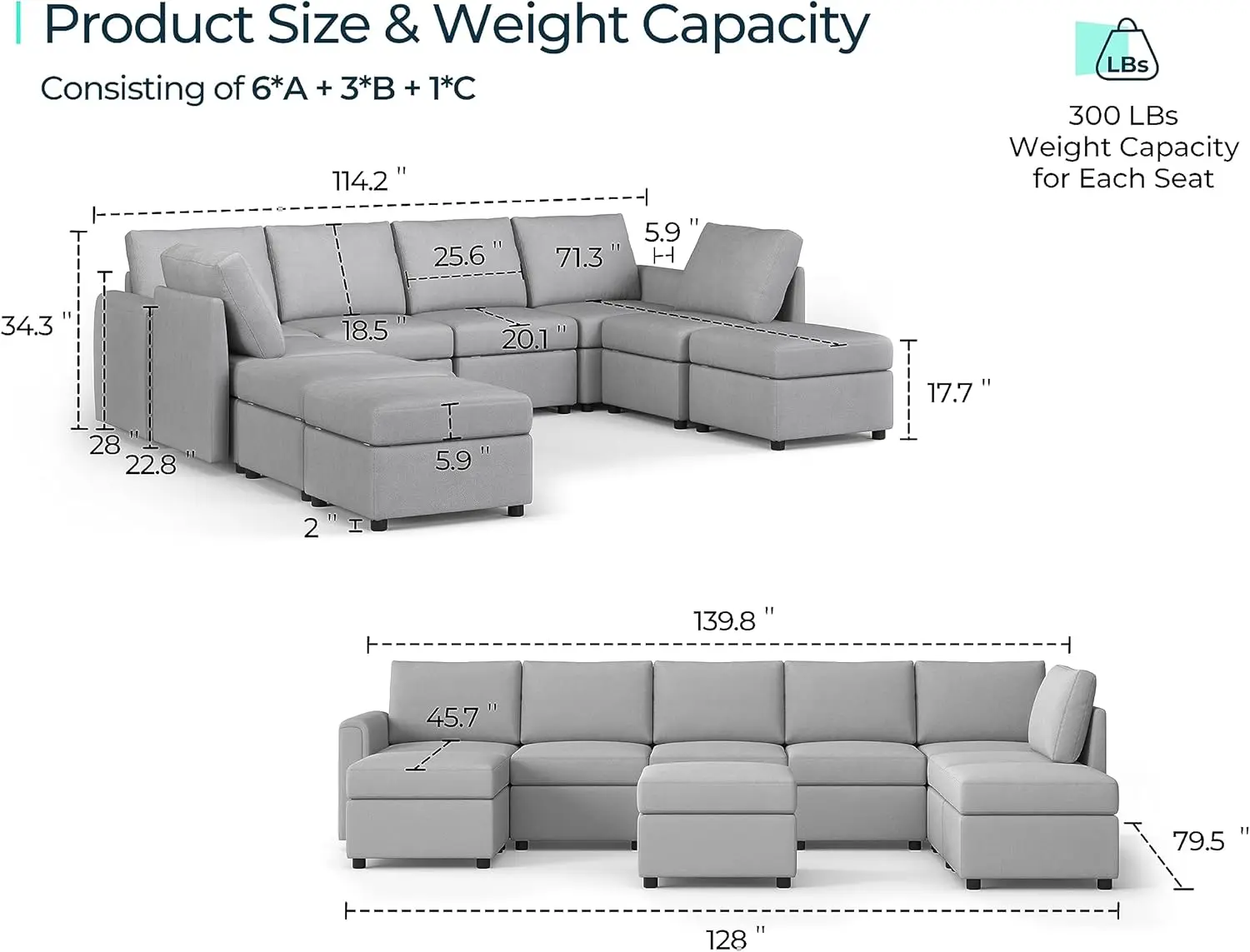 Modular Sectional Sofa, Oversized Sectional Couch with Storage, Ottomans, Modular Sectional Sleeper Sofa with Memory Foam