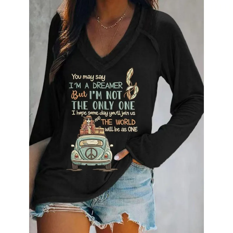 Ilstile Women's Hippie Letter Print T-Shirts Autumn Summer Long Sleeve Casual Loose V Neck Tops Black Tees NEW