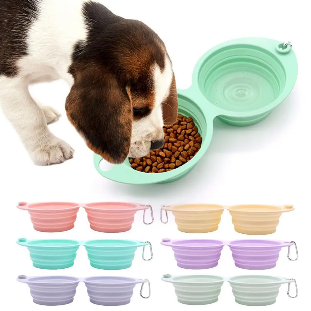 

Portable Travel Dog Bowl Folding Double Bowl Collapsible Silicone BPA-Free Pet Bowl with Wearing Hooks for Dogs Cats Hiking