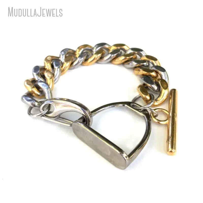 10pcs Mix Stainless Steel Cuban Chain Stirrup Charm Bracelet Bold Men Women Bold Equestrian Jewelry Gift for Horse Lovers