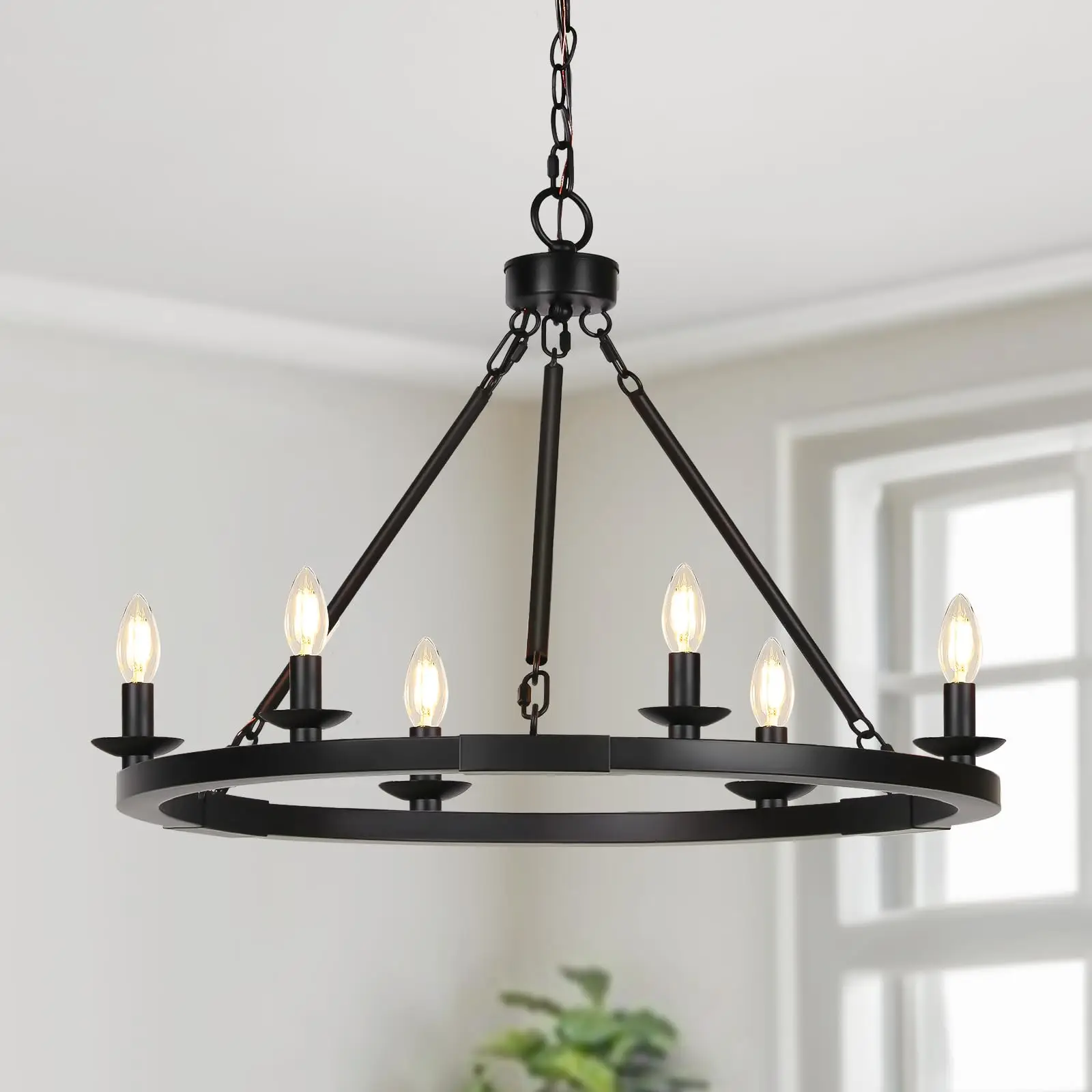 

Black Farmhouse Chandelier, 6-Light Wagon Wheel Chandelier with Adjustable Height, Hanging Lights for Kitchen Island