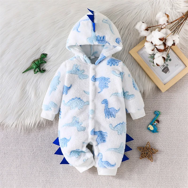 0-18M Baby Jongen Pluche Capuchon Romper Casual Dinosaurus Patroon Voor Knoop Lange Mouw Jumpsuit Voor Baby Peuter Herfst Outfit