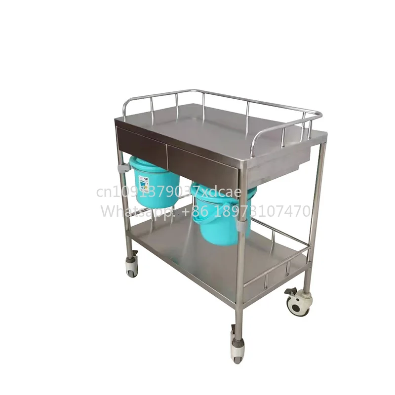 Single-drawer Double-layer Stainless Steel Instrument Cart For Hospital Clinic Furniture-. Handcart With Bucket 4 Castors